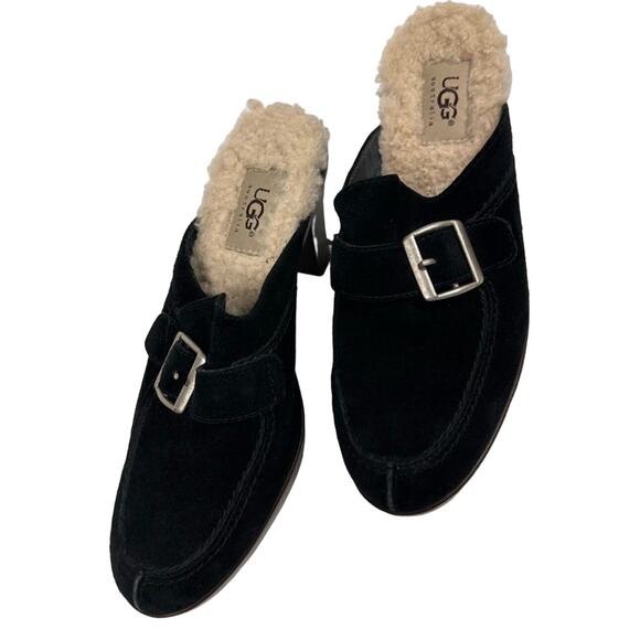 UGG Black Suede Shearling Slip On Heeled Mules - Picture 7 of 9